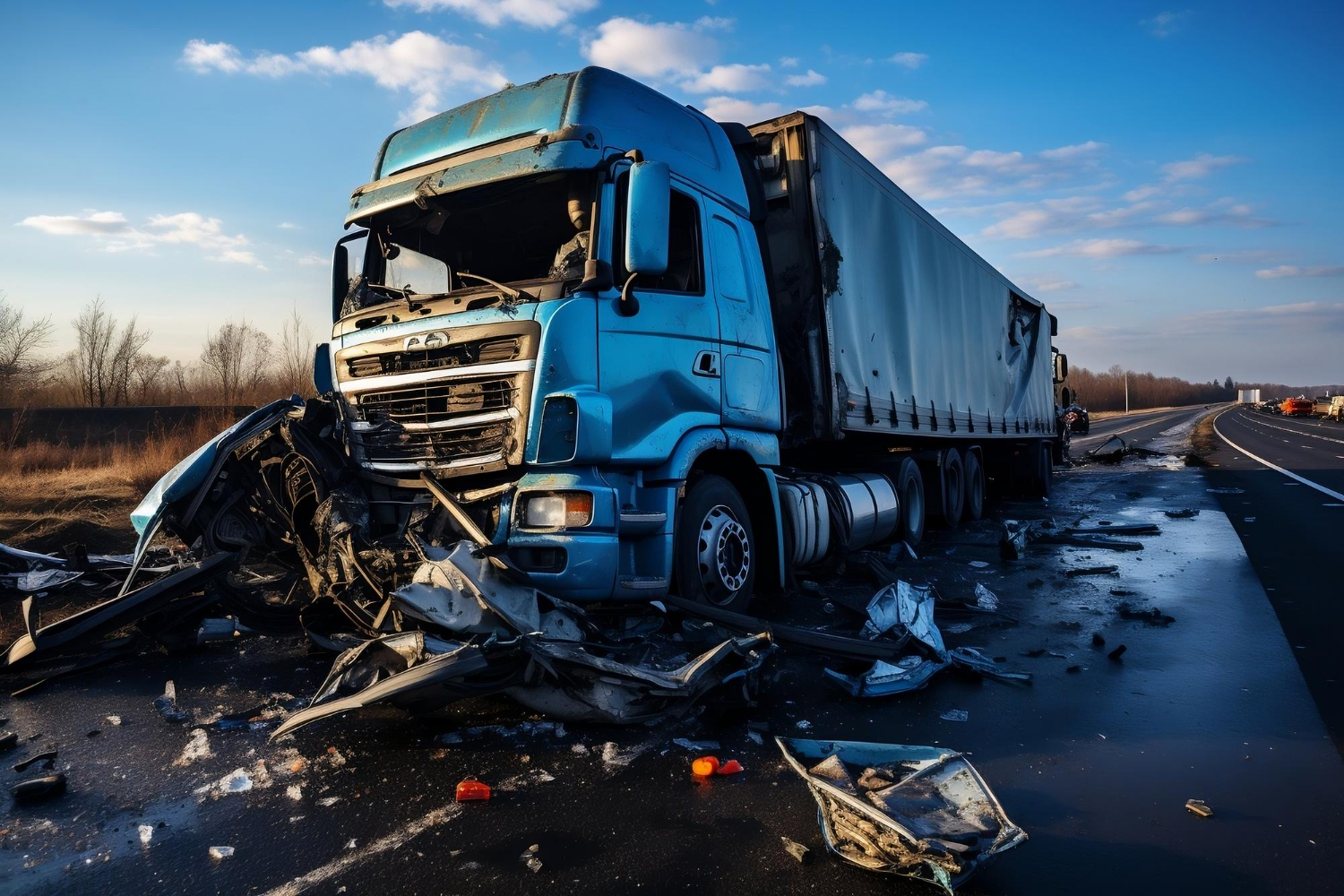 Crash scene featuring an 18-wheeler truck, highlighting the dangers of commercial truck accidents and the need for legal representation.