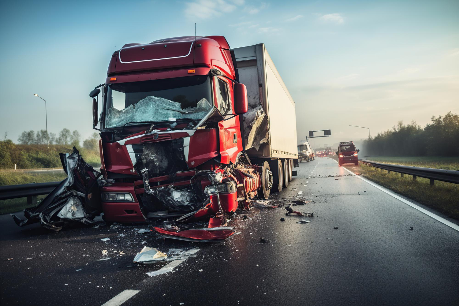 Wreckage from a truck accident on Interstate 90, emphasizing the severity of highway collisions and the importance of legal representation.