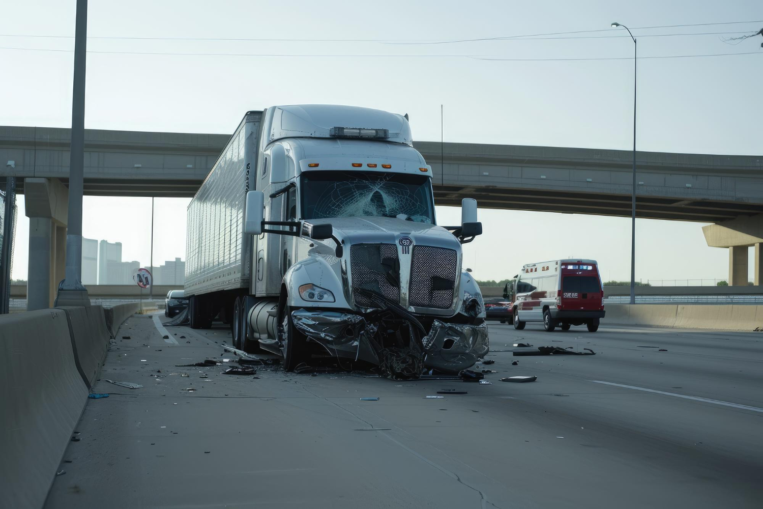 Damaged cement truck involved in a traffic accident on a busy road, highlighting the dangers of construction vehicle collisions.